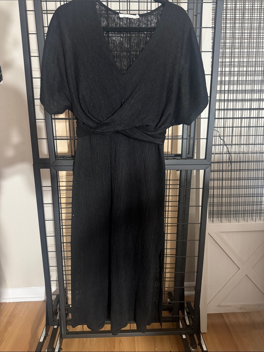 All in Favor Black Asymmetrical V-Neck Midi Dress